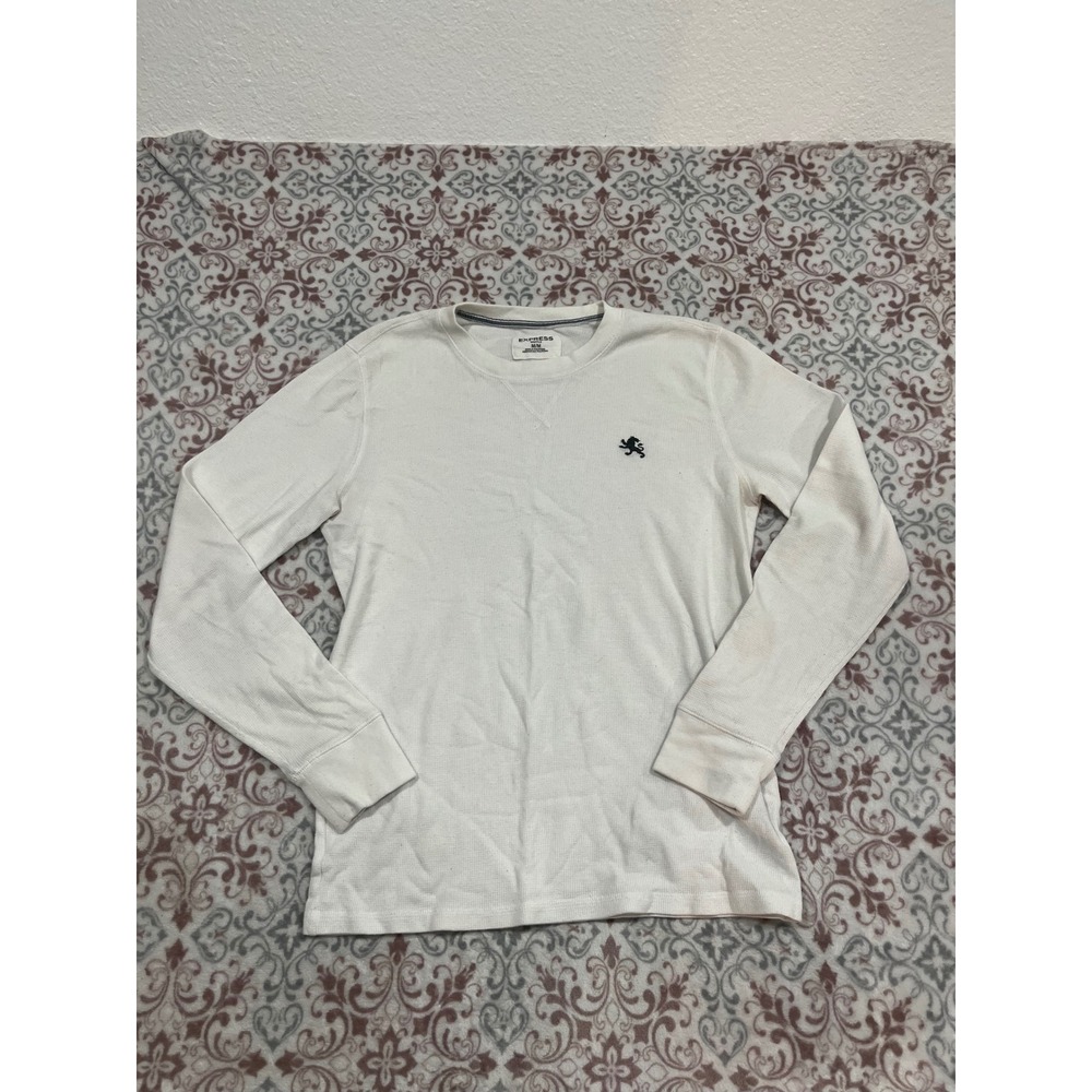 Express Mens White Waffle Knit Thermal Long Sleeve Lion Logo Shirt Size Medium